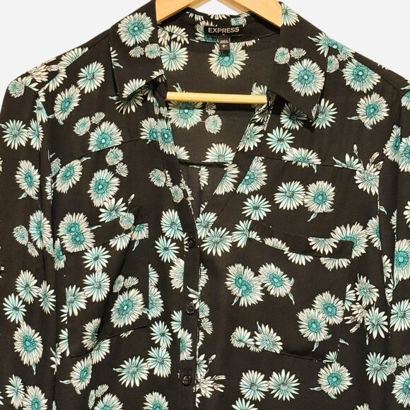 Express Portofino Teal & Black Floral Roll Tab Long Sleeve Womens Top Size Large - Picture 3 of 9